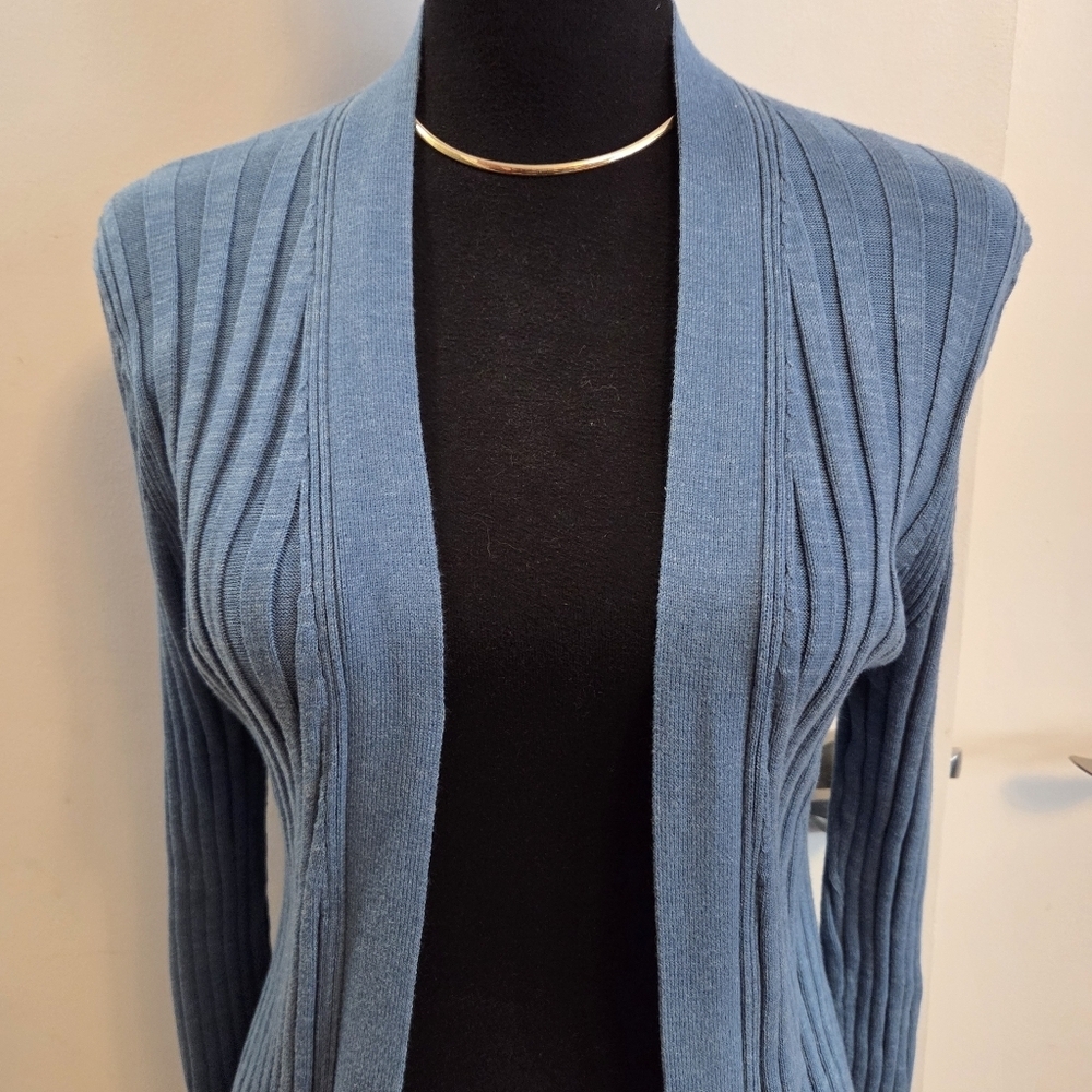 PERUVIAN CONNECTION Blue Ribbed Open Front Cardigan Medium - Picture 2 of 8